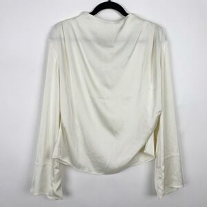 H&M Ivory Satin Silky Blouse Women Size L Draped Long Wide Sleeve High Neck